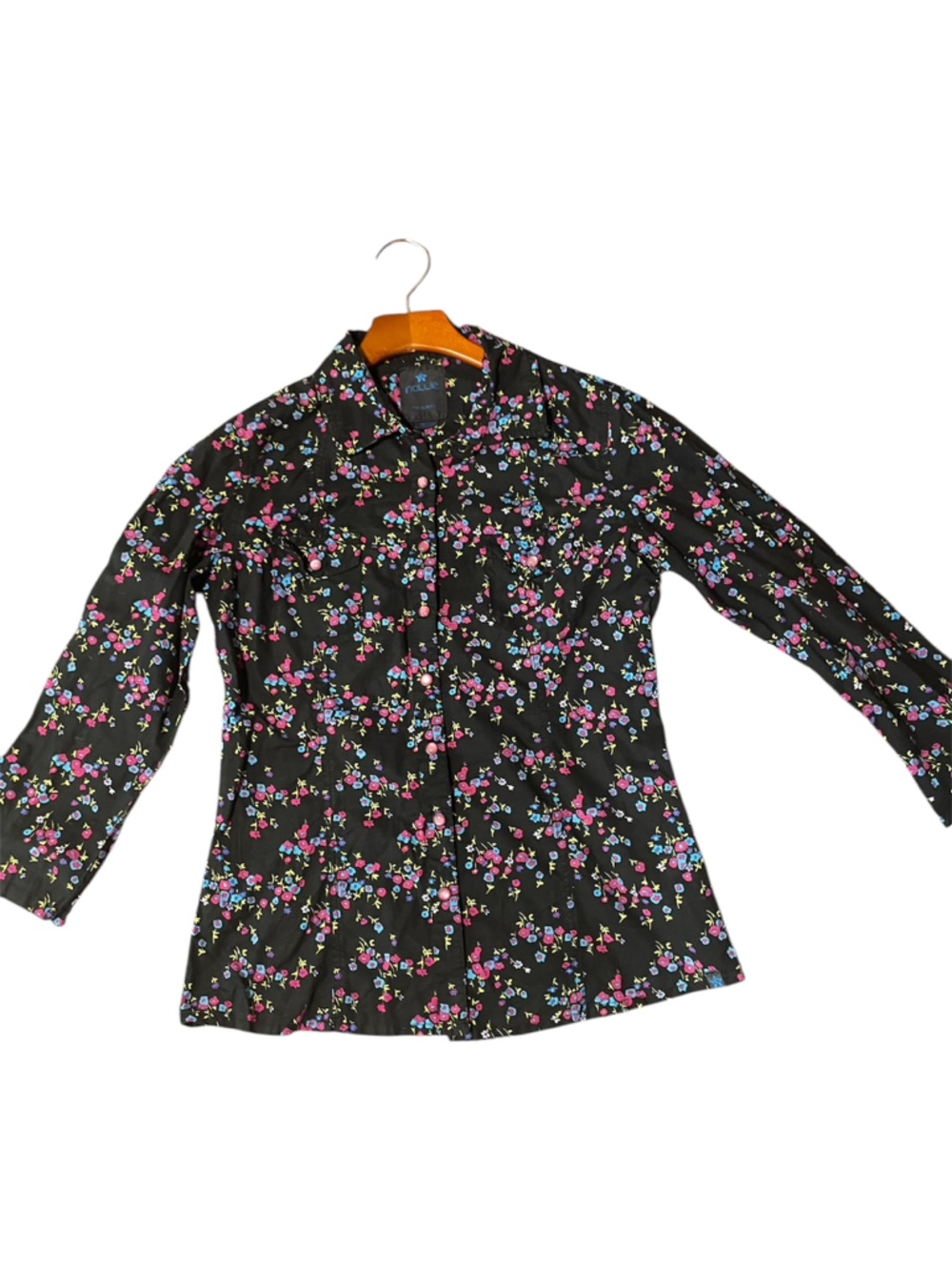 Nollie Black with Pink and Teal Floral Print Junior Sz L Shirt Western style